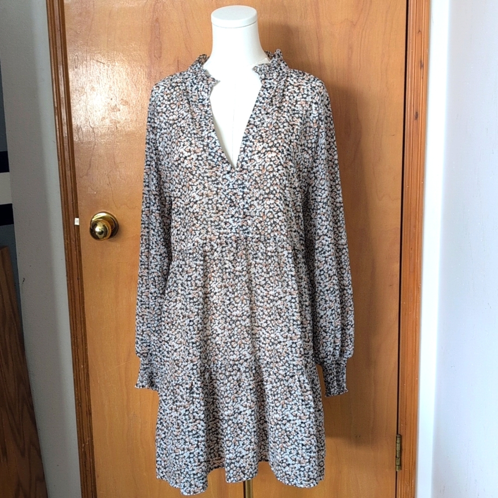 Elan Long Sleeve Floral Mini Dress, medium, black, white, olive and peach.